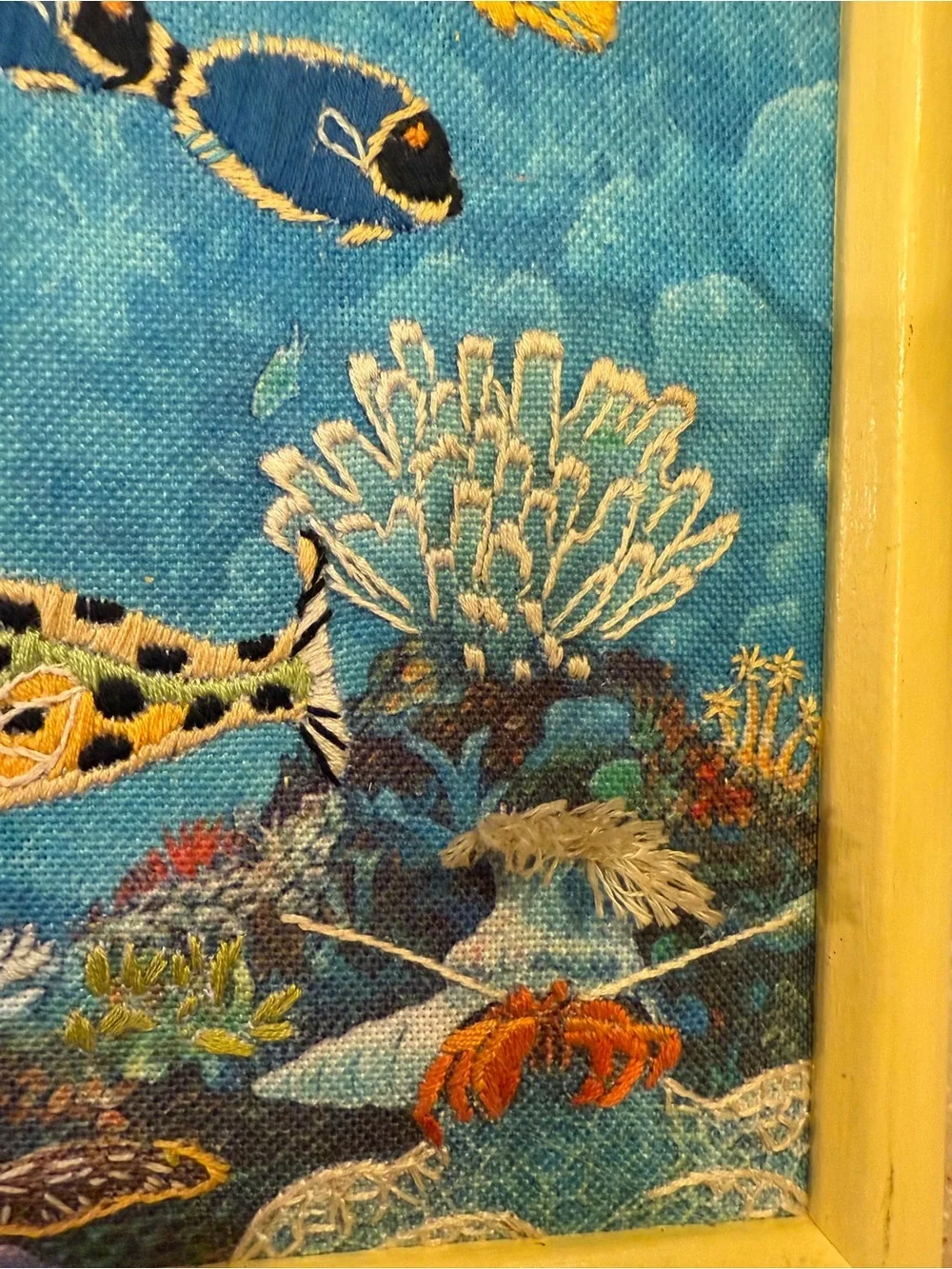 Unique Tropical Fish Reef Needle Point Embroidered Wall Art in Blue and Yellow